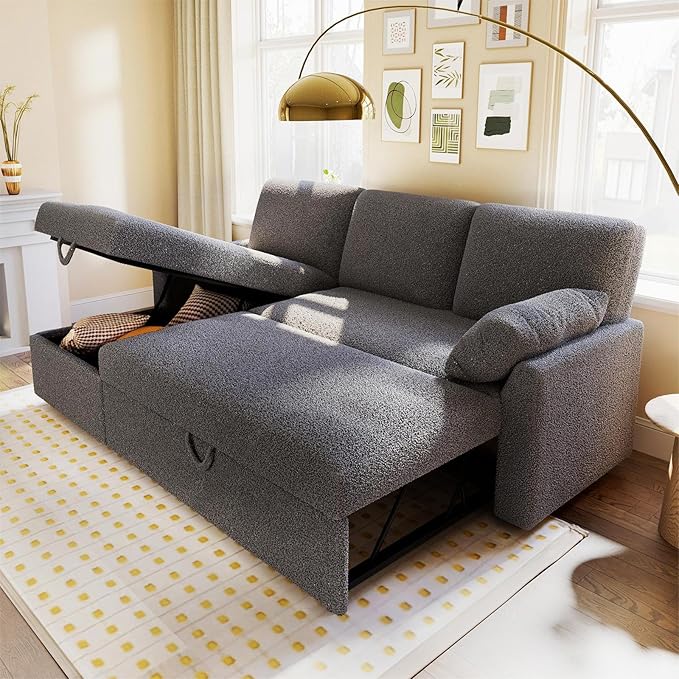 VanAcc Sofa Bed Sleeper Sofa with Storage Chaise- 2 in 1 Pull Out Couch Living Room Comfy Sleeper Couch Grey Boucle