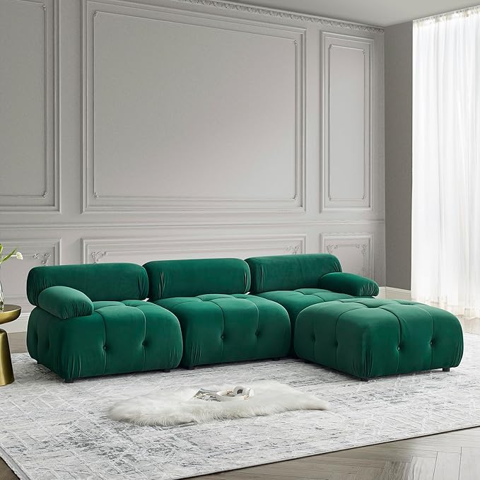 Bellemave L-Shape Sofa Couch Modular Sectional Sofa with Reversible Ottoman Velvet Upholstered Free Comnination Couch with Button Tufted Design Modern Oversized Couch for Living Room (Green)