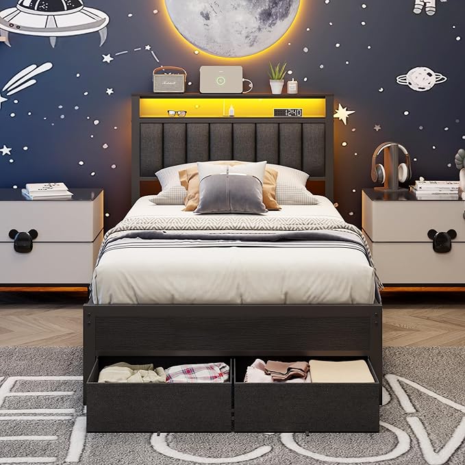 Furnulem Twin Bed Frames with Charging Station and LED Lights Grey Upholstered Headboard with Shelves Metal Platform Bed with 2 Under-Bed Storage (Fabric Drawer on Wheels) No Box Spring Needed