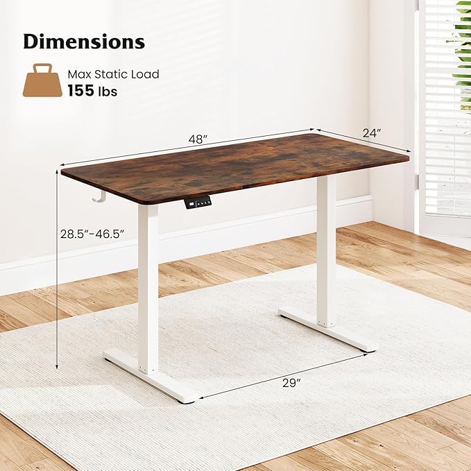 Giantex Electric Standing Desk 48 x 24 Height Adjustable Sit Stand Computer Workstation with 2 Memory Heights Headphone Hook Anti-Collision Design Home Office Computer Desk (Rustic Brown+White)