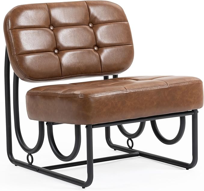 Armless Accent Chair Mid Century Modern Upholstered Leather Chair with Metal Frame 64 Wide Vintage Design for Bedroom Living Room Office Brown