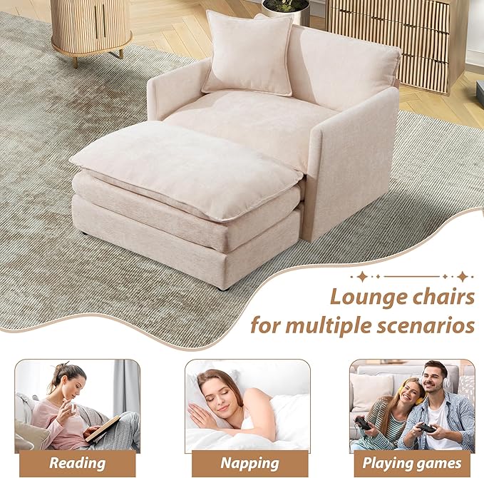TTK Oversized Chaise Lounge Chair with Ottoman - 39.17 Wide Modern Sleeper Sofa for Living Room Bedroom &amp Office - Deep Seat Sectional Couch with Pillow Comfortable Reading Chair (Beige 39.17