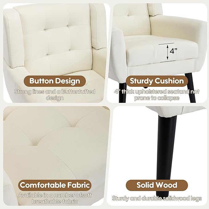 Set of 2 Linen Accent Chair Mid-Century Modern Tufted Armchair for Living Room Bedroom &amp Office (Beige)