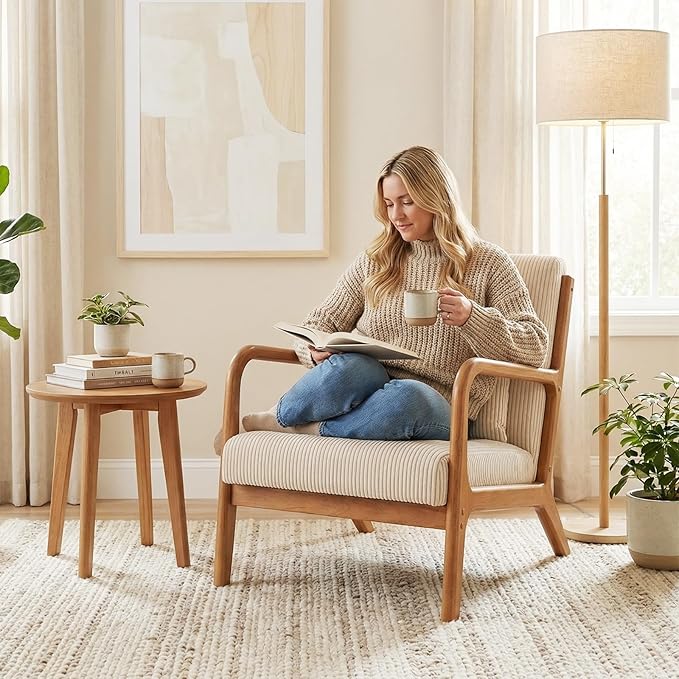 Giantex Modern Accent Chair Corduroy Upholstered Lounge Chair with Rubber Wood Armrests Lumbar Pillow Sponge Padded Seat Cushion Comfy Reading Chair for Living Room Bedroom (1Beige + Brown)