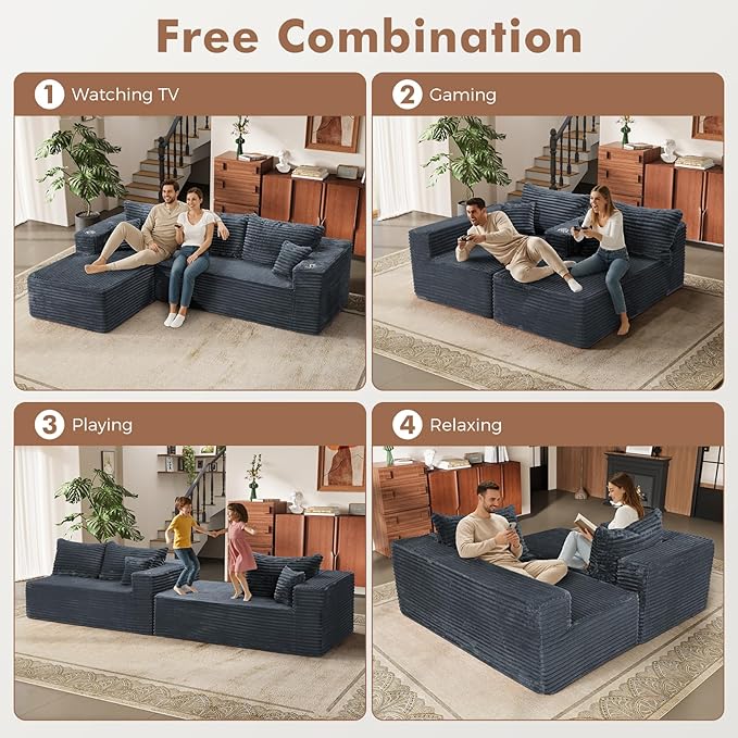 ELUCHANG Oversized 108” Boneless Couch Comfy Cloud Modular Sectional Sofa L-Shape Sofa with Chaise Memory Foam Upholstered Couch for Living Room Bedroom No Assembly Required Corduroy Blue