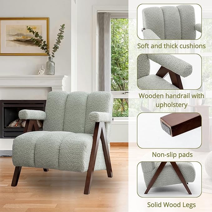 Mid Century Modern Accent Chair with Solid Wood Frame Boucle Upholstered Living Room Chairs with Thick Cushion Comfy Tufted Arm Chair for Bedroom Sage
