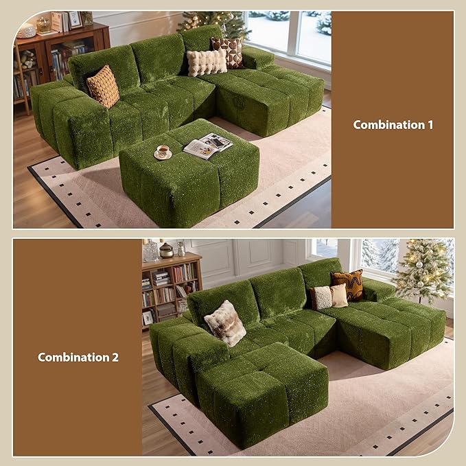 114 Modular Sectional Sofa with Ottoman Silver Luminous Boneless L-Shape Couch with Deep Seat Assembly Free Sectional Sofa for Living Room (Green Right Chaise)