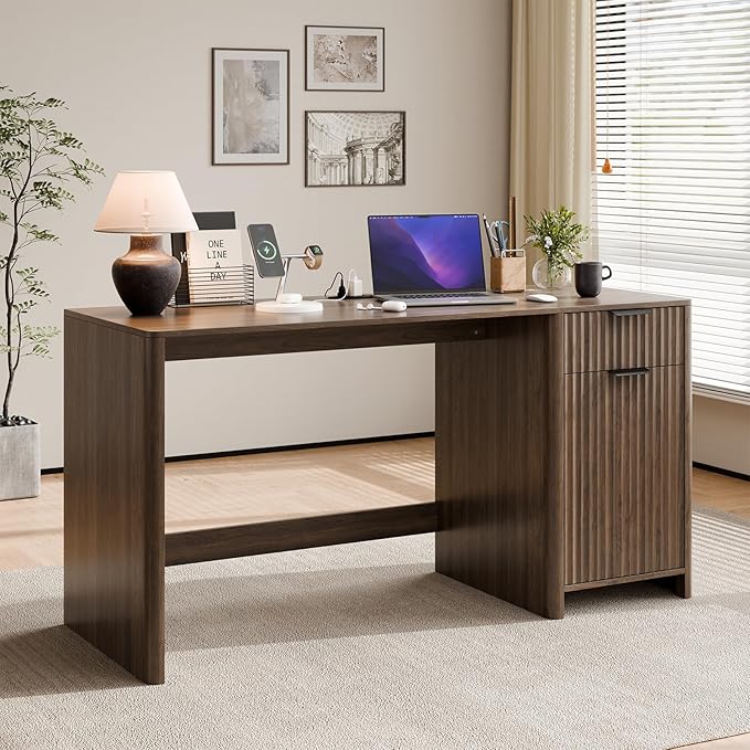 60 Fluted Home Office Desks with Storage Modern Executive Desk Computer Desk with Drawer &amp Cabinet Wood Work Desk for Office Bedroom Study Living Room Walnut