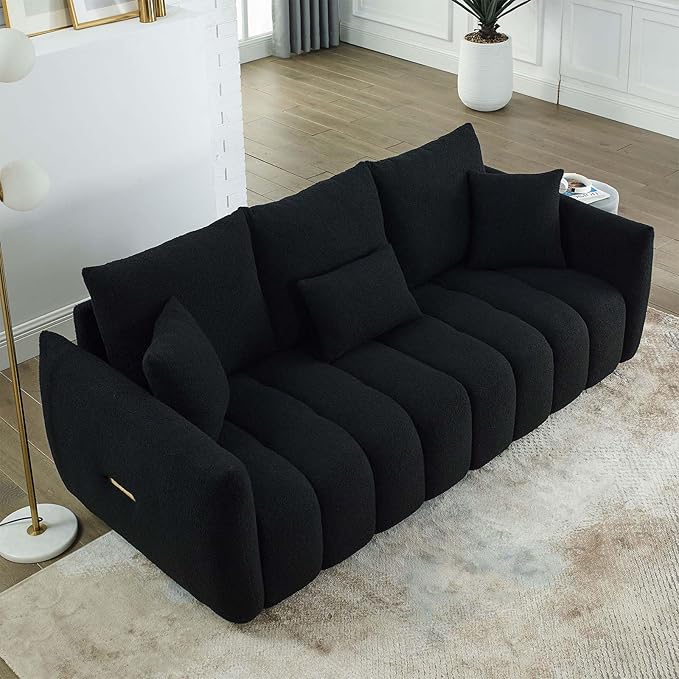 Antetek 78 Modern Sofa Couch Comfy Deep Seat Teddy Cloud Sofa Upholstered 3-Seater Boucle Couch Oversized Loveseat for Living Room Bedroom Office Apartment Black