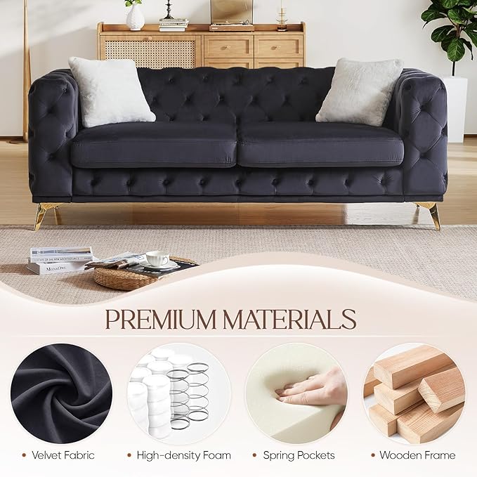 Mid Century Modern Couch82W Luxury Upholstered Velvet Oversized Loveseat Couch with Button Tufted &amp Gold Legs Deep Seat Comfy Chesterfield Sofa for Living Room Bedroom Office(3 Seater Black)