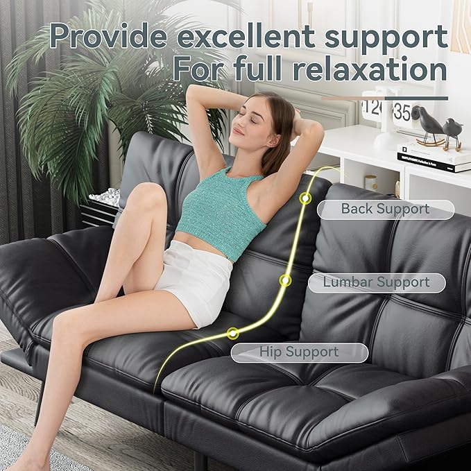 Futon Sofa Bed Convertible Couch Black Faux Leather Sofa Bed with Memory Foam Adjustable Backrest &amp Armrests Multifunctional Small Loveseat Sleeper Sofa for Living Room Apartment Office
