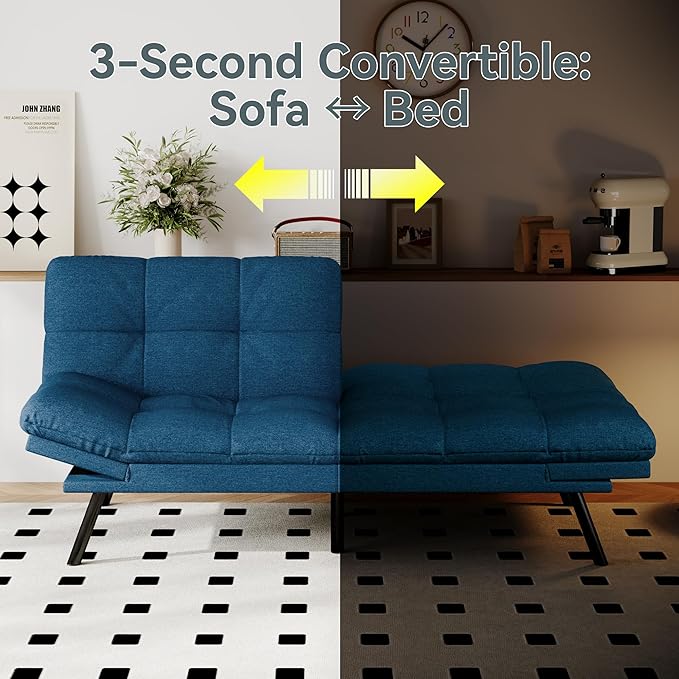 Opoiar Convertible Futon Sofa Bed Blue Linen Futon Couch with Adjustable Backrest &amp Armrests Folding Small Recliner Sleeper Sofa Bed for Living Room Apartment Office