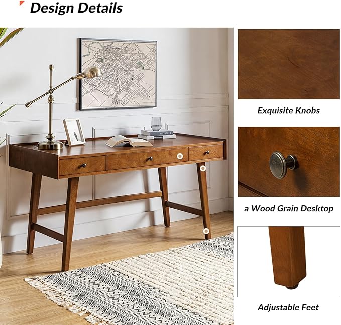 HULALA HOME Home Office Desk with 3 Drawers &amp Solid Wood Legs Writing Table with Charging Station &amp Cable Management Mid Century Modern Desk for Bedroom/Living Room/Study/Workstation Walnut