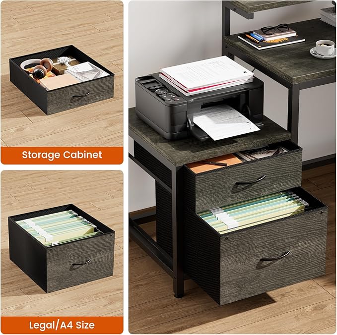REAHOME 70 Inch L Shaped Desk with File Drawers and Reversible Storage Shelves Computer Desk with Power Outlet &amp LED Strip Home Office Desks Bookshelf Desk Writing Study Desk for Bedroom Grey