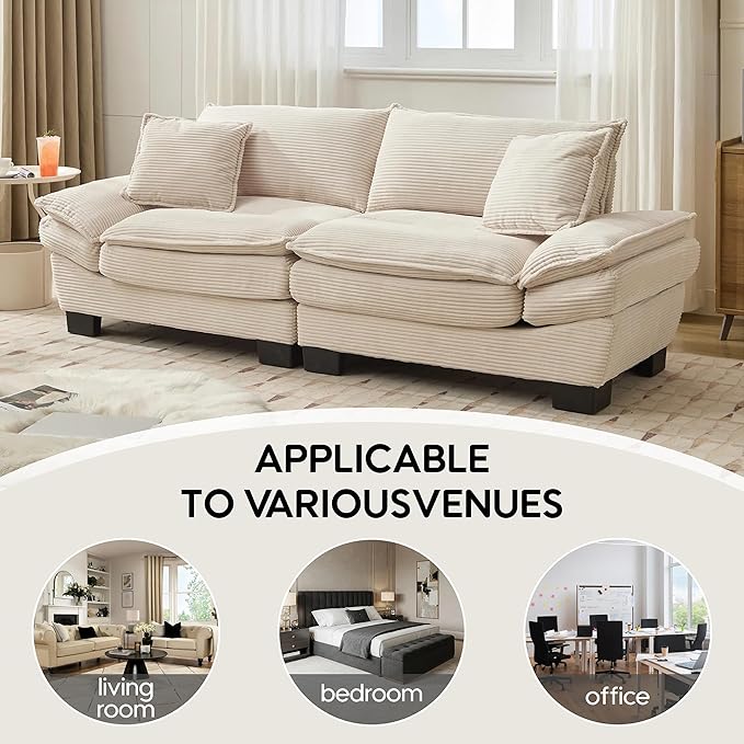 Modern 84 Corduroy Loveseat Sofa Ultra-Comfy Couch with 2 Pillows for Apartment Living Room Bedroom Home Office (Beige)