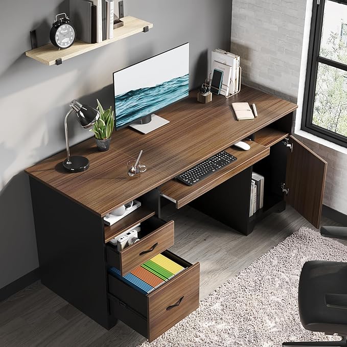 Bestier 59” Executive Desk with 2 Drawers Computer Desk with Storage Cabinet Industrial Wood Desk with File Drawer Keyboard Tray &amp 2 Pedestals for Home Office &amp Studio Cherry