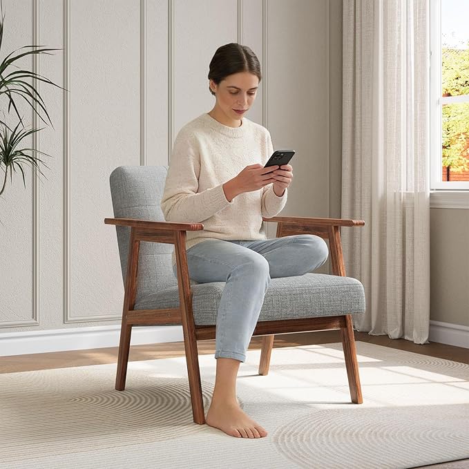 Accent Chair Upholstered Fabric Lounge Chair with Solid Wood Frame &amp Soft Cushion for Living Room Bedroom Balcony Gray