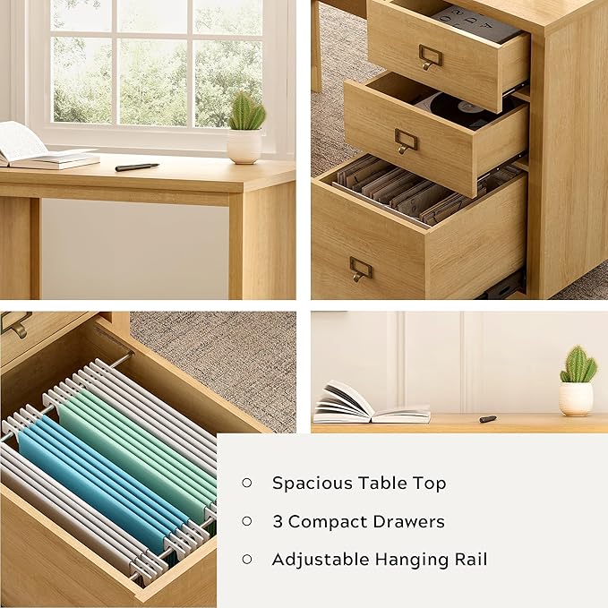 47 Executive Desk with File Drawer Farmhouse Wood Home Office Desk with Storage Drawer Computer Writing Desk for Study Office Natural Oak