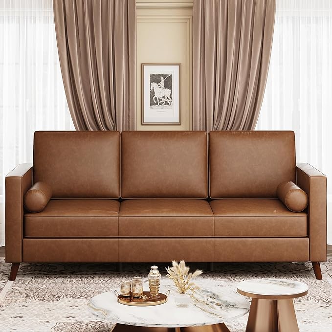 GAOMON 81 Leather Couch for Living Room Mid Century Modern 3-Seater Sofa with Deep Seat Faux Leather Sofa for Apartment Home Office Brown