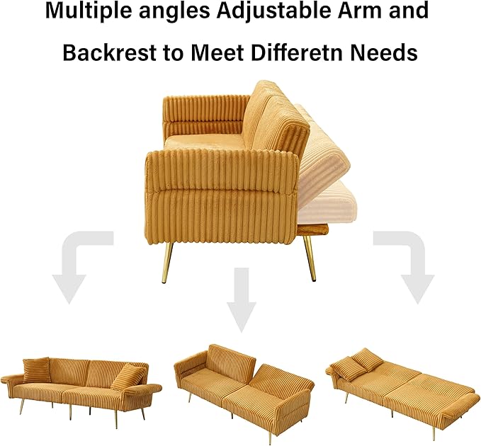 Convertible Sofa Bed Futon Couch Bed with Adjustable Arms and Backrest Modern Love Sofa with Gold Metal Legs for Living Room Bedroom (Corduroy Fabric in Yellow 79 Wx29.33 Dx27.6 H)