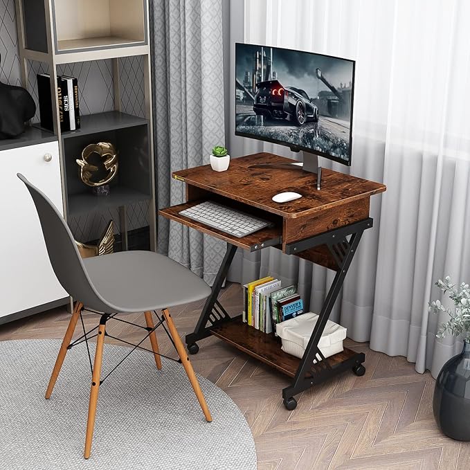 ALISENED 2 Tier Computer Desk with Keyboard Tray 23.6 Home Office Desk Computer Workstation Rolling Study PC Laptop Table for Small SpacesZ-Shaped Small Compact Study Table