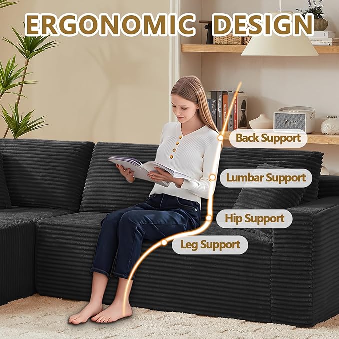 Minimalist Boneless Cloud Couches for Living Room Corduroy L Shaped Modular Sectional Sofa Couch W/Deep Seat &amp High-Back Comfy Memory Foam Couch Sofa in A Box (Black Left Facing Chaise)