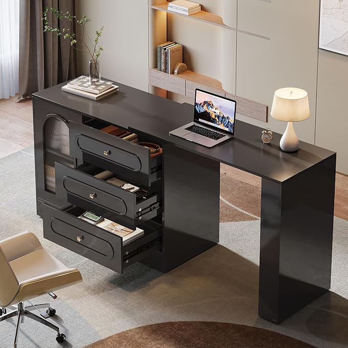 Tribesigns L Shaped Desk with 3 Drawers Reversible Corner Desk with Storage 360° Rotatable Study Table with Adjustable Shelves for Home Office Writing Table Workstation for Bedroom (Black)