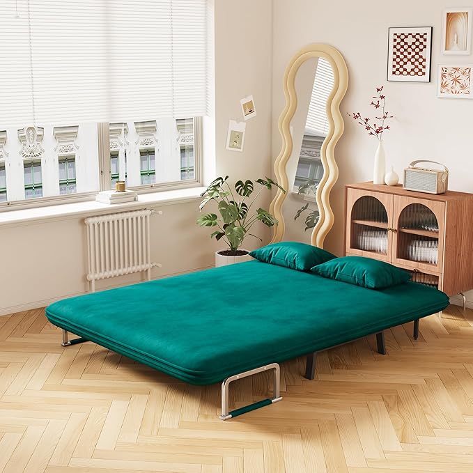 KEIKI 55 Luxury Velvet Loveseat Triple-Fold Sofa Bed 3 in 1 Convertible Sleeper Lounge Chair w/Adjustable Backrest &amp PillowsMulti-Functional Living Room Armchair for ApartmentsAntique Green