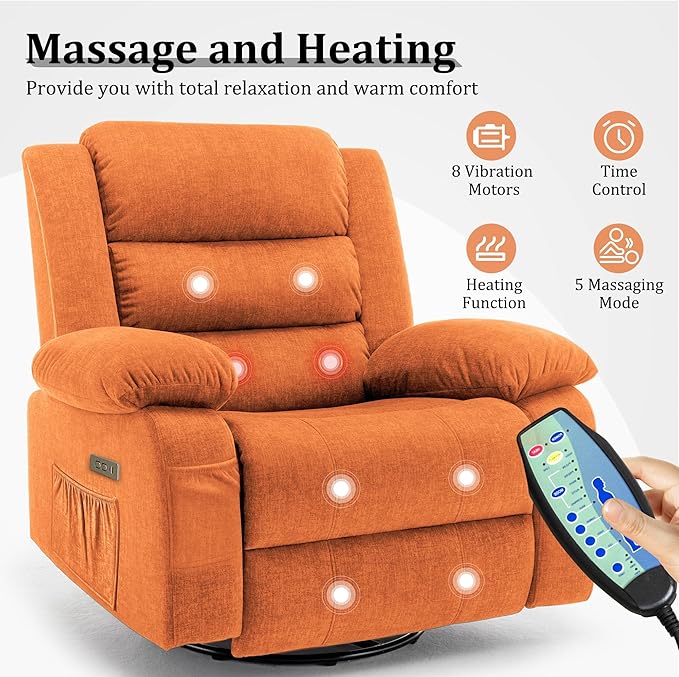 Power Recliner Chair Electric Rocker Recliner with Massage and Heat 270° Swivel Glider Oversized Wide Seat with USB Port Cashmere Nursery Chair for Living Room Orange