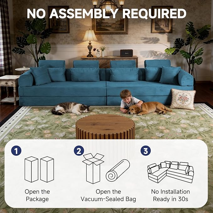 106” Cloud Sectional Couch L-Shaped Sofa with Right Facing Chaise Corduroy Boneless Couches Compressed Modular Sectional Sofa with Deep Seat High Backrest Headrest (Azure)
