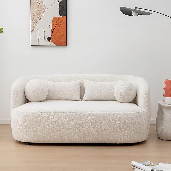 KINWELL 68-Inches Boucle Upholstered Loveseat 2 Deeper Seat Sherpa Sofa Couch with 4 Toss Pillows for Small Spaces Apartment Living Room Beige