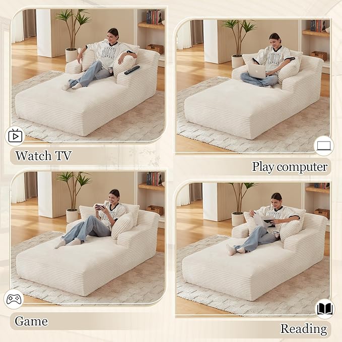 80 Inch Oversized Chaise Lounge Chair IndoorBoneless Corduroy Sofa Bed with Spring CushionDeep Seat Cloud Couch and Reading LoungerSoft Sleeper Sofa for Living RoomNo Assembly Required (White)