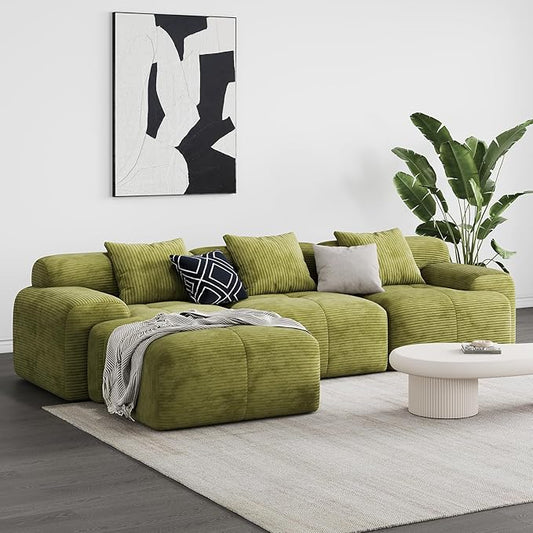 Modern L-Shaped Modular Sectional Sofa for Living RoomOversized 3-Seater Couch with Deep Seat and Movable Ottoman – No AssemblyComfortable Corduroy Fabric Boneless Sofa (Green)