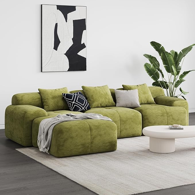 118 Oversized 3-Seater Cloud CouchL-Shaped Boneless Couch Modern Corduroy Upholstery couches for Living Room Modular sectional SofaMovable Ottoman No Assembly Required