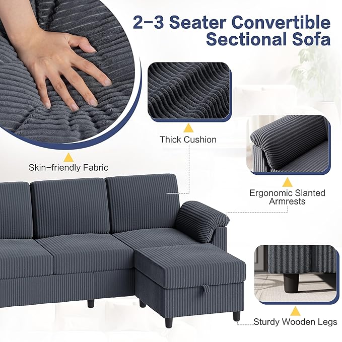 Walsunny 79 Convertible Sectional Sofa Reversible Modern L Shaped 3 Seat Modular Sofa Couch with Pillows and Storage Ottoman for Living Room(Gray)