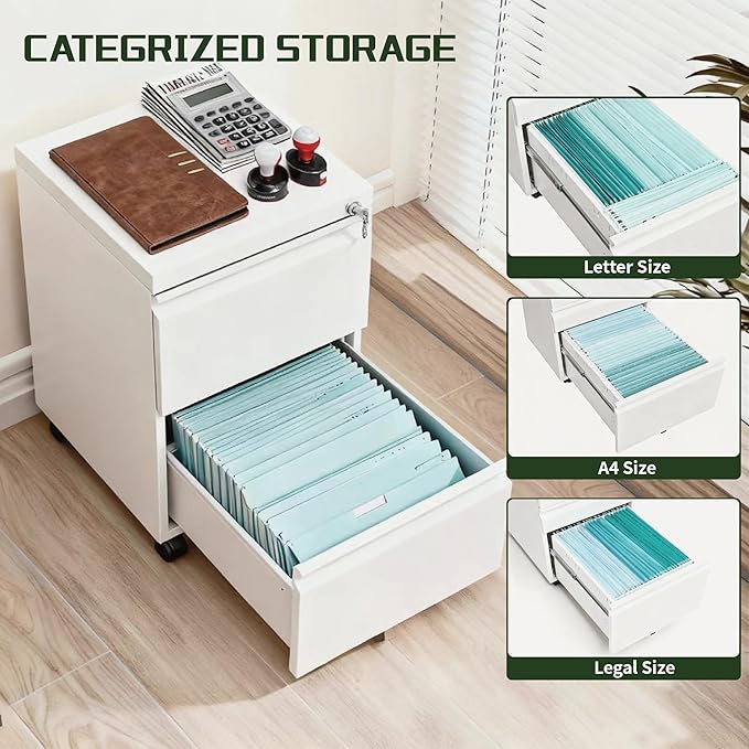 2 Drawer File Cabinet with LockRolling Filing Cabinet with Wheels for Home OfficeUnder Desk Metal File CabinetOffice Storage OrganizerWhite