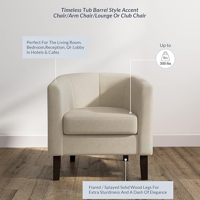 BELLEZE Accent Barrel Chair Linen Round Club Tub Sofa Corner Chair with Flared Legs and Cozy Soft Padding for Living Room Bedroom Waiting Room - Beige