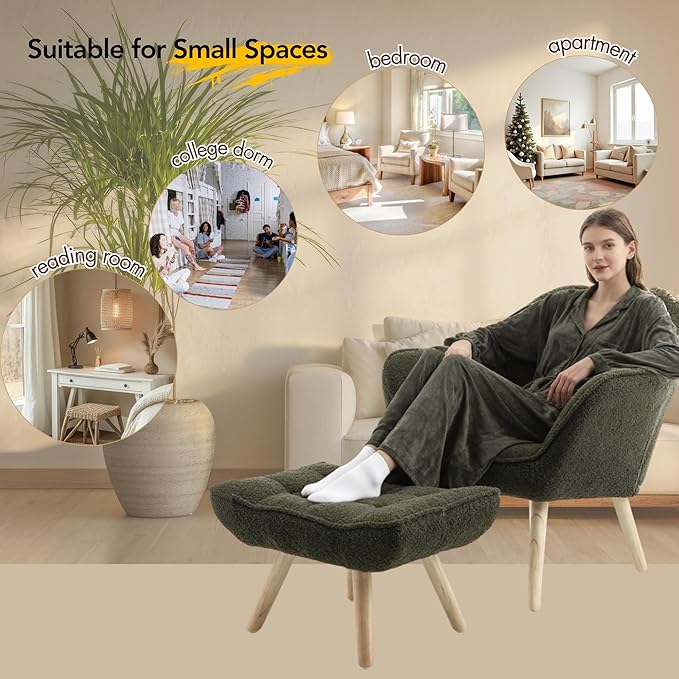 Small Accent Chair with Ottoman Sherpa Upholstered Lounge Chair with Footrest Comfy Reading Armchair with Wood Legs for Living Room Bedroom Green