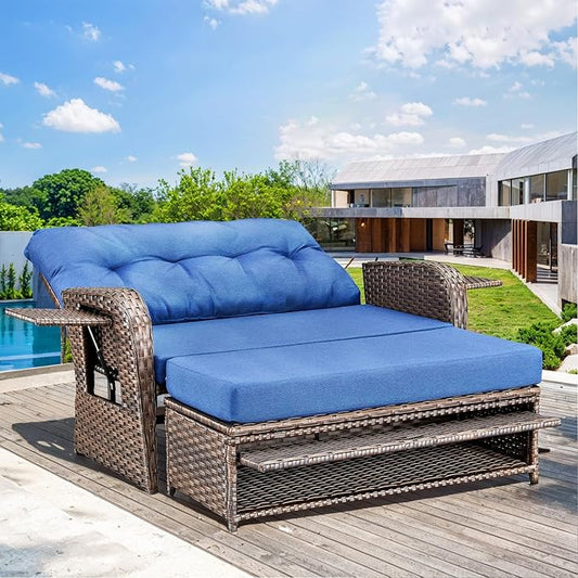 Patio Rattan Daybed Wicker Recliner Loveseat for Two with Multifunctional Recliner and Stowable Side Tray 5 Level Adjustable Backrest (Brown Wicker/Blue Cushion)