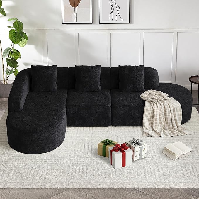 112 L Shaped Curved Sofa Modular Sectional Couch with Chaise Boneless Couch for Living Room Modern Comfy Long-Pile Polyester Fabric Cloud Sofa with Three Pillows No Assembly (Black 112 Left)
