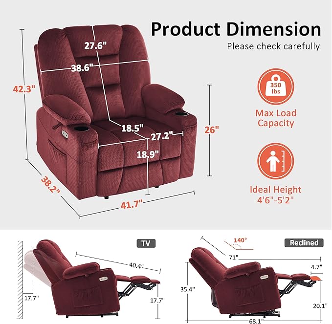MCombo Oversized Power Lift Recliner Chair Sofa with Massage and Heat for Elderly People Petite USB Ports Side Pockets Fabric R7561 (Burgundy Small-Oversize)