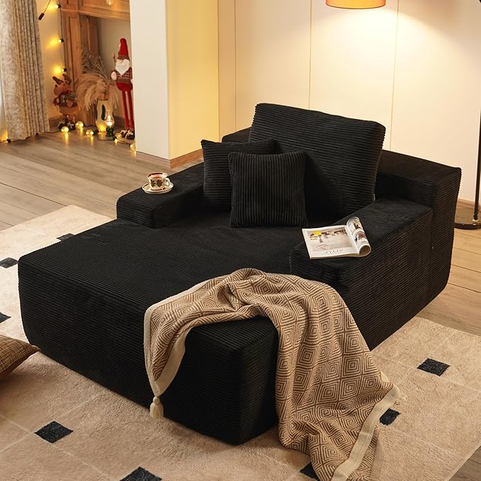 67x48 Oversized Chaise Lounge Chair Indoor Upholstered Sofa Bed with Plush Faux Fur Sleeper Couch Reading Chair Fluffy Cloud Sofa for Living Room Corduroy Black