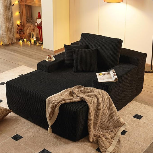 67x48 Oversized Chaise Lounge Chair Indoor Upholstered Sofa Bed with Plush Faux Fur Sleeper Couch Reading Chair Fluffy Cloud Sofa for Living Room Corduroy Black