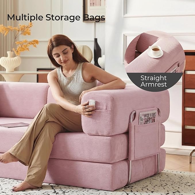 79 Convertible Sofa Bed with Pillows Corduroy Folding Sleeper Sofa with Fixed-Shape Frame Boneless Couch for Living Room Bedroom Floor Sofa Lounge No Assembly Required (A - Style - Pink)