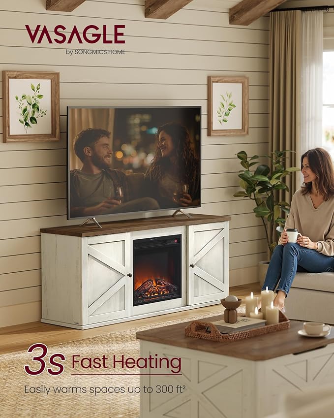VASAGLE Fireplace TV Stand for TVs up to 65 Inches 18-Inch ELectric Fireplace with Remote Farmhouse Entertainment Center Media Console Table for Living Room Rustic White and Honey Brown ULTV540W01