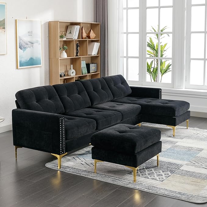 Polibi Luxury Velvet Convertible L-Shaped Sectional Sofa with Movable Ottoman 5-Seater Modern Couch with Storage Pockets for Living Room Apartment &amp Office (Black)