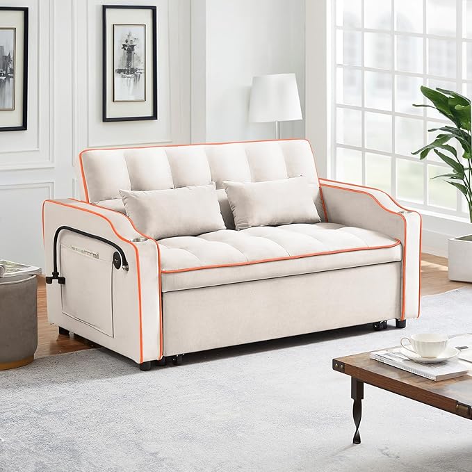 Pull Out Sofa Bed with Phone Holder Convertible Velvet Loveseat Sleeper with 2 USB Charging Ports Modern Futon Couch with Cup Holders and Adjustable Backrest Small Love Seat for Living Room Beige