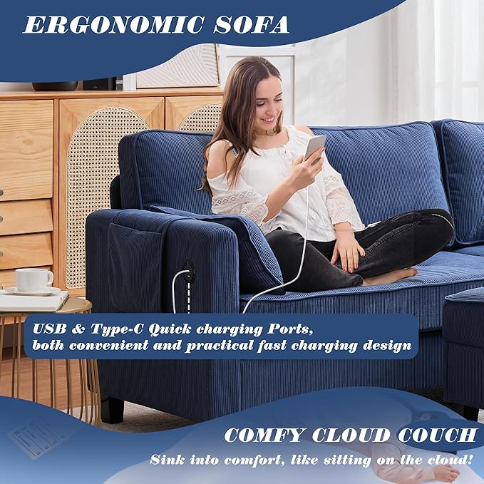 MAGIC UNION Convertible Sectional Couches for Living Room - Small Space Couches L-Shaped Sofa Upholstered 3 Seats Sofas W/Storage Chaise USB Ports Side Pockets and Pillows (Corduroy Fabric Blue)