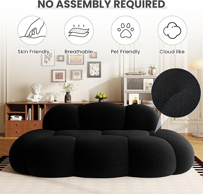 Floor Couch Modern Curved Loveseat Sofa Lazy Sofa Round Floor Sofas Cloud Memory Foam Couches for Living Room Apartment Small Spaces (No Assembly Black)