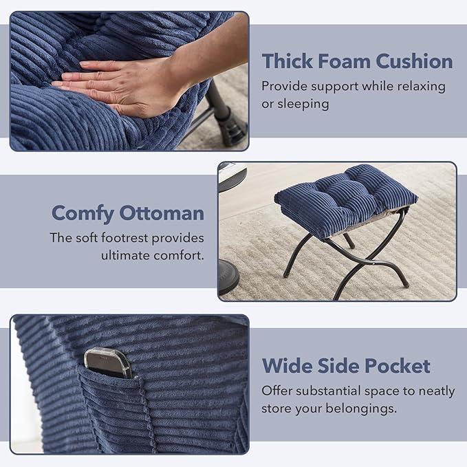 NIOIIKIT Leisure Lazy Chair with Ottoman Corduroy Upholstered Lounge Armchair with Side Pocket Comfy Reading Chair Lazy Sofa Chair for Living Room Bedroom Office (Navy Blue)
